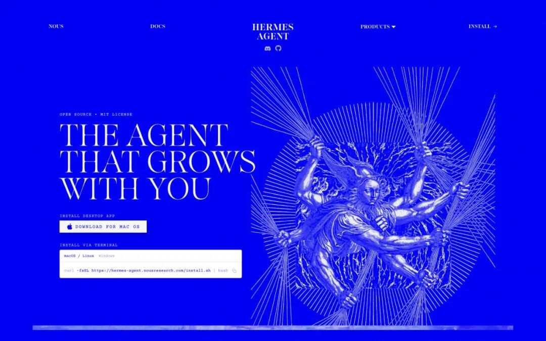 Hermes Agent 官网首屏:高饱和蓝色背景与白色巨型标题、人物线稿形成强烈对比 Hermes Agent 官网首屏:高饱和蓝色背景与白色巨型标题、人物线稿形成强烈对比